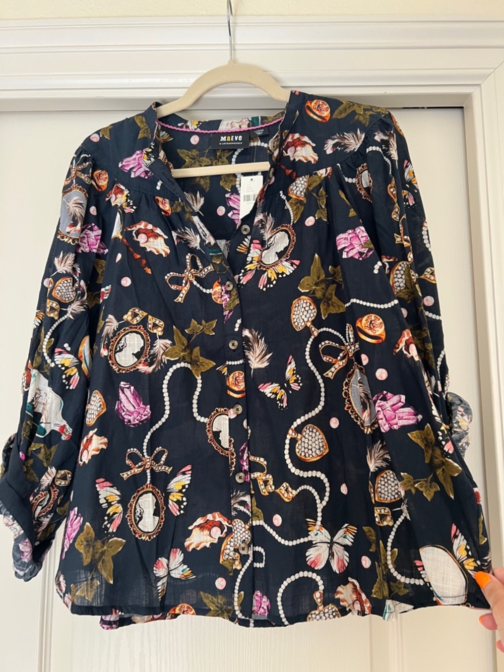 Maeve Navy Floral & Jewelry Print Button-Up Blouse